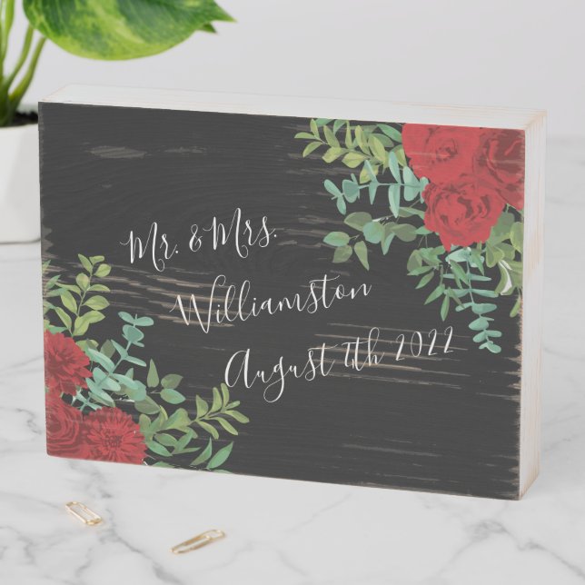 Black & Red Peony & Rose Floral Wedding Wooden Box Sign (In Situ Horizontal)
