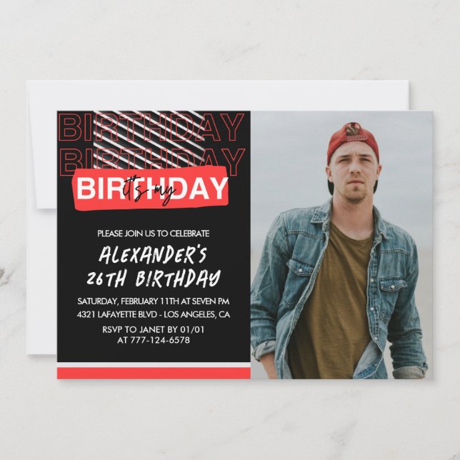 Black Red Photo 26th birthday invitations Men  (Front)