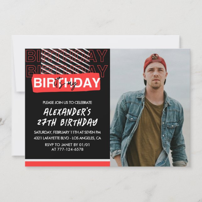  Black Red Photo 27th birthday invitations Men  (Front)