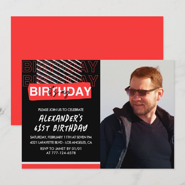  Black Red Photo 61st birthday invitations Men  (Front/Back)