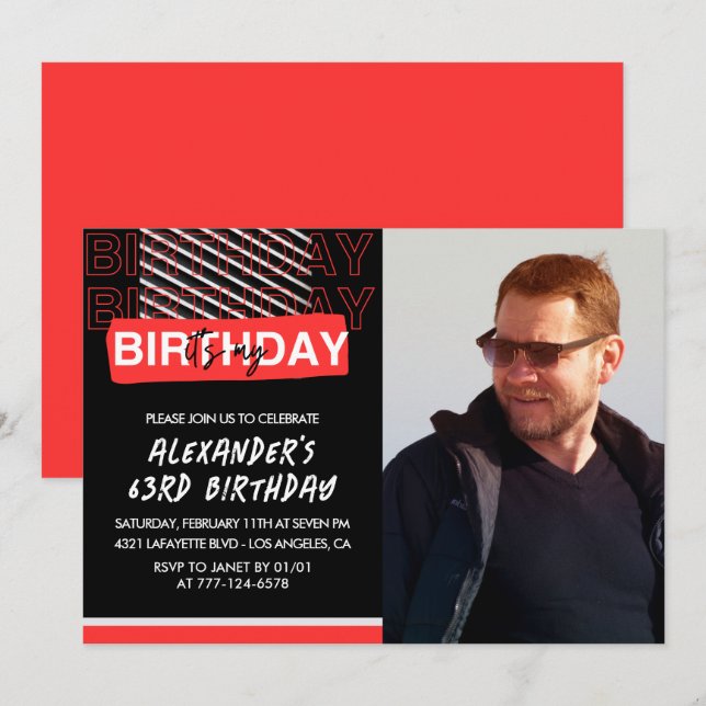  Black Red Photo 63rd birthday invitations Men  (Front/Back)