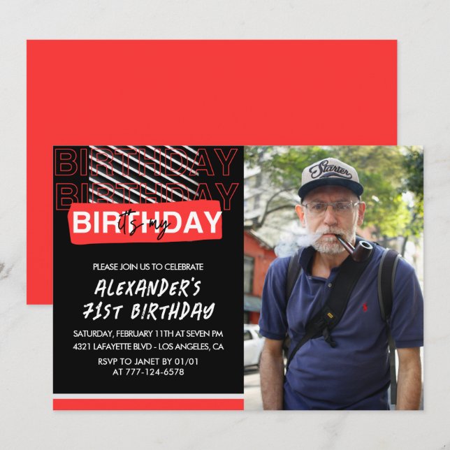  Black Red Photo 71st birthday invitations Men  (Front/Back)