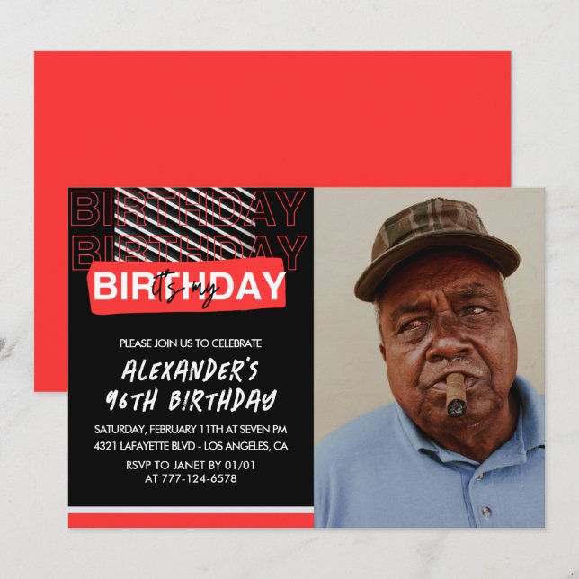  Black Red Photo 96th birthday invitations Men  (Front/Back)