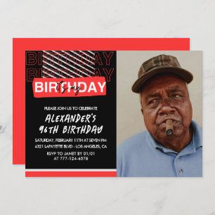 Black Red Photo 96th birthday invitations Men