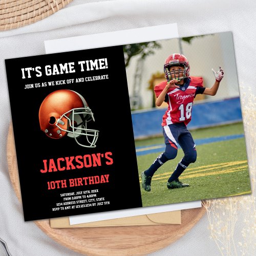 Black Red Photo Football Birthday Invitations