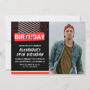 Black Red Photo Men 39th birthday invitations
