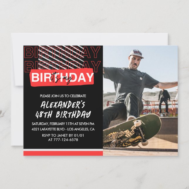  Black Red Photo Men 48th birthday invitations  (Front)