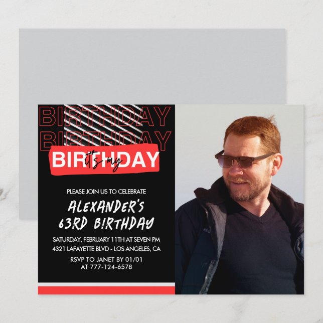  Black Red Photo Men 63rd birthday invitations  (Front/Back)