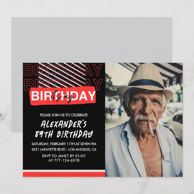  Black Red Photo Men 89th birthday invitations  (Front/Back)