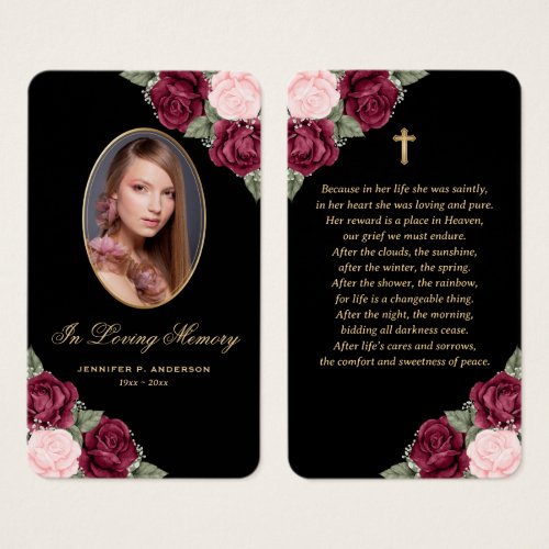 Black Red Pink Gold Floral Funeral Prayer Card