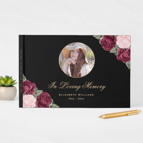 Black Red Pink Gold Floral Memorial Funeral Photo Guest Book