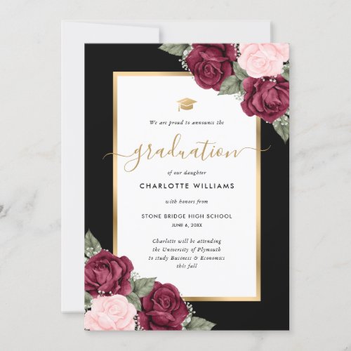 Black Red Pink Gold Floral Photo Graduation Announcement