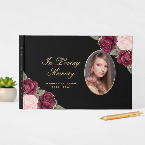 Black Red Pink Gold Floral Photo Memorial Funeral Guest Book