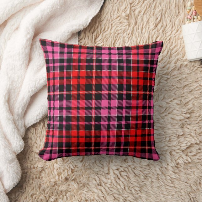 Black Red Pink Plaid Tartan Design  Throw Pillow (Blanket)