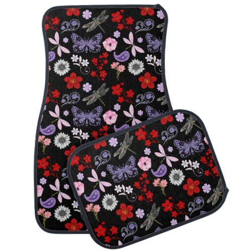 Black Red Pink Purple Dragonflies Butterfly Car Floor Mat