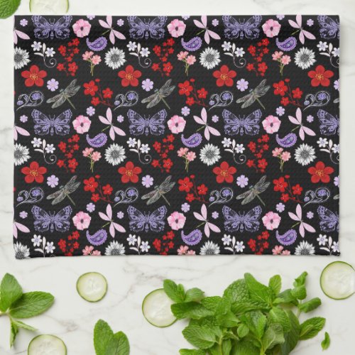 Black Red Pink Purple Dragonflies Butterfly Kitchen Towel