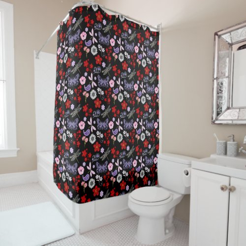 Black Red Pink Purple Dragonflies Butterfly  Shower Curtain