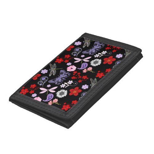 Black Red Pink Purple Dragonflies Butterfly  Trifold Wallet