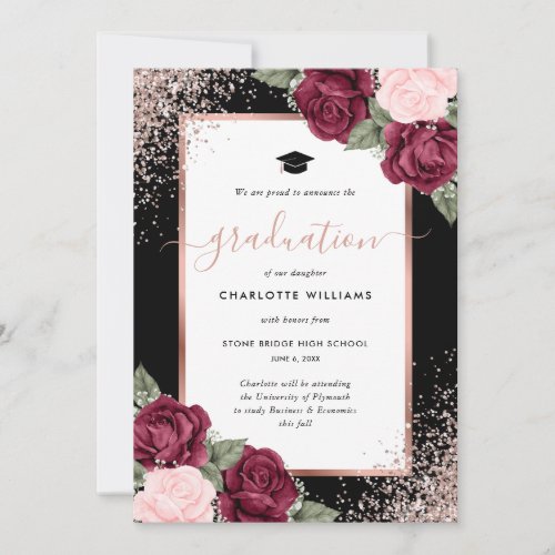 Black Red Pink Rose Gold Floral Photo Graduation Announcement