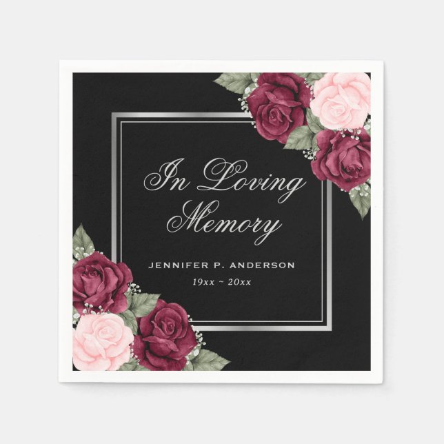 Black Red Pink Silver Floral Memorial Funeral Napkins (Front)