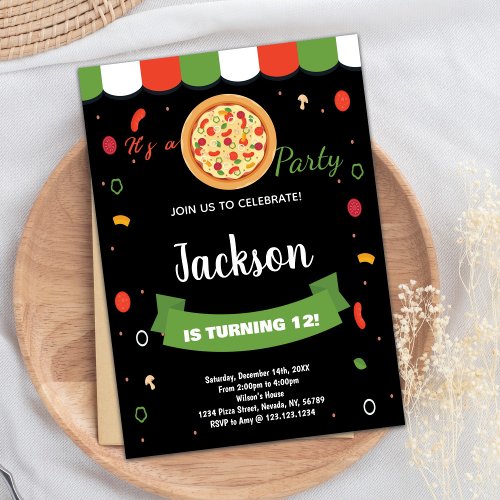 Black Red Pizza Birthday Invitations