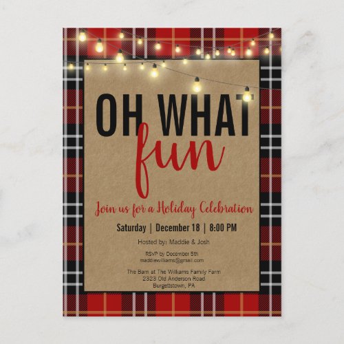 Black  Red Plaid Check Fun Holiday Party Invite