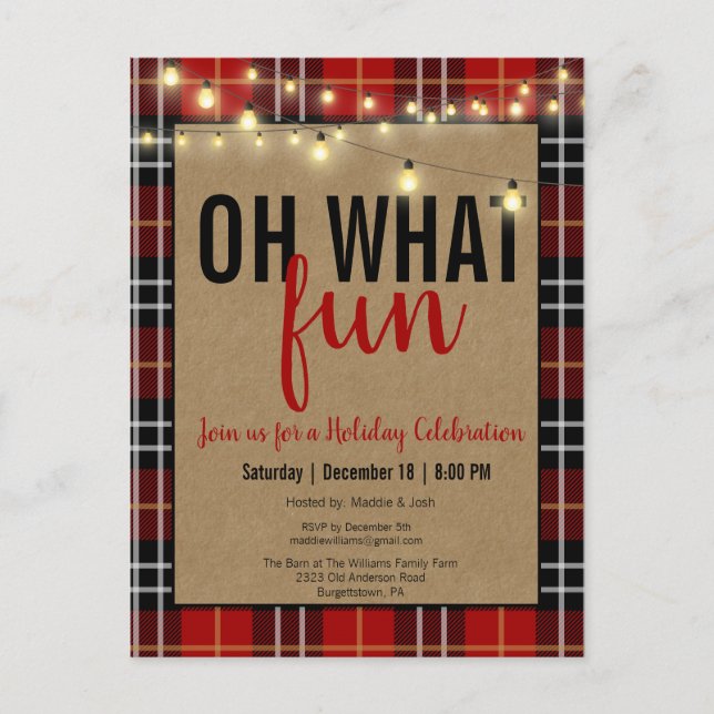 Black & Red Plaid Check Fun Holiday Party Invite (Front)