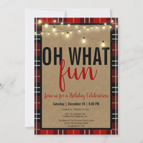 Black  Red Plaid Check Fun Holiday Party Invite