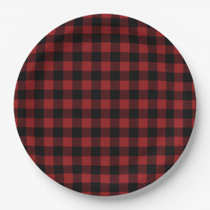 Black Red Plaid Check Paper Plates