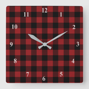 Black Red Plaid Check Wall Clock