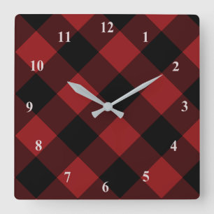 Black Red Plaid Check Wall Clock