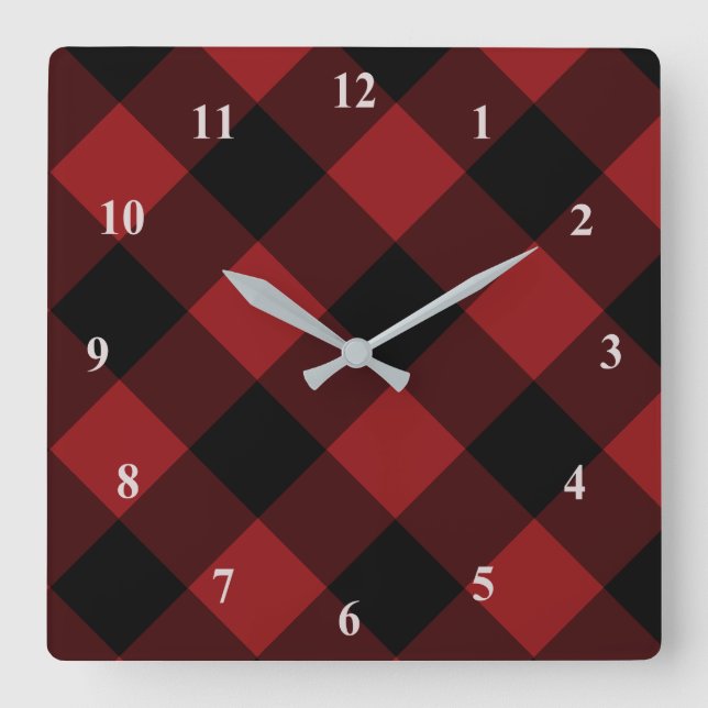 Black Red Plaid Check Wall Clock (Front)