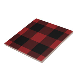Black &Red Plaid Checked - Ceramic Tile