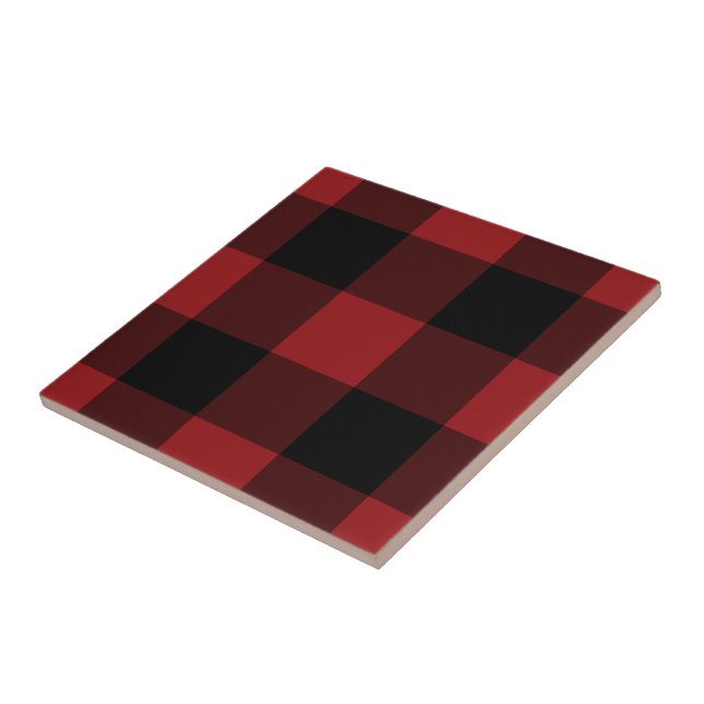 Black &Red Plaid Checked - Ceramic Tile (Side)