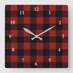 Black & Red Plaid Checked - Modern Square Wall Clock
