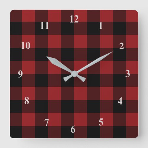 Black  Red Plaid Checked _ Modern Square Wall Clock