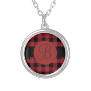 Black red plaid custom monogram necklace