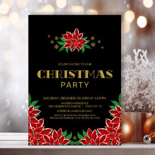 Black Red Poinsettia Christmas Party Invitation