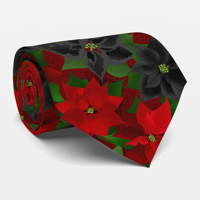 Black Red Poinsettia Goth Christmas Neck Tie (Rolled)