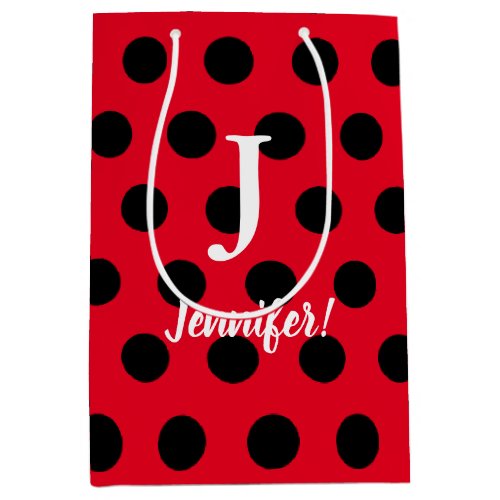 Black  Red Polka Dot Monogram Custom Name Medium Gift Bag