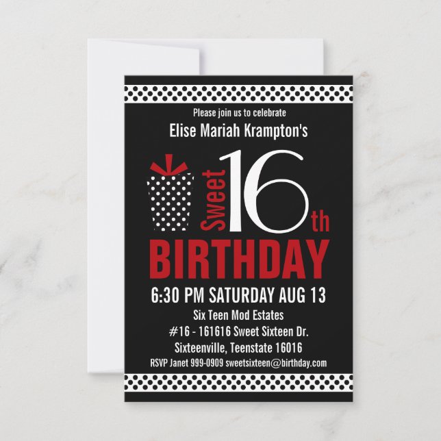 Black Red Polkadots Sweet 16 Birthday Invitation (Front)