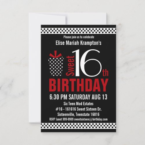 Black Red Polkadots Sweet 16 Birthday Invites