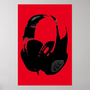 Black Red Pop Art Headphone Poster
