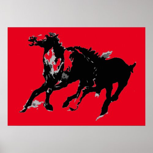 Black Red Pop Art Running Horses Silhouettes Poster
