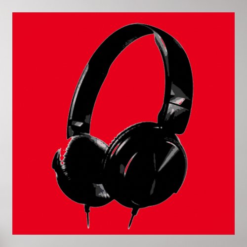 Black Red Pop Art Style Headphone Poster