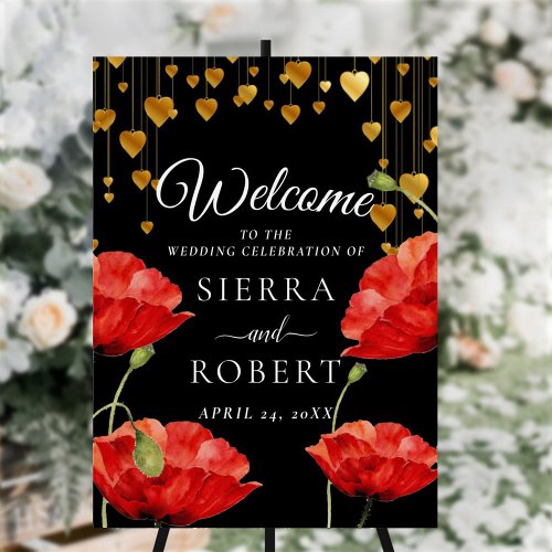 Black Red Poppy Gold Elegant Wedding Welcome Sign