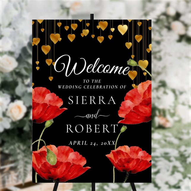 Black Red Poppy Gold Elegant Wedding Welcome Sign (Creator Uploaded)