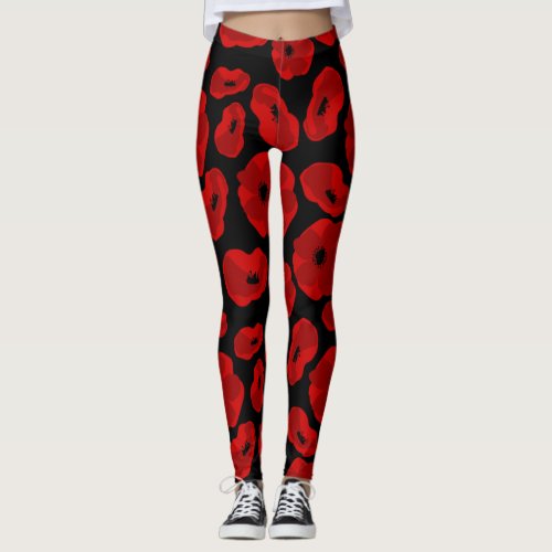 Black red poppy seamless roses pattern leggings