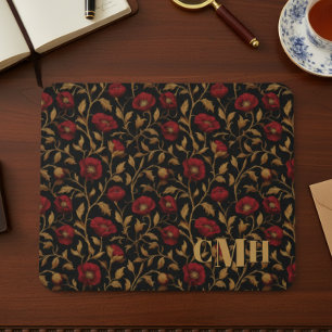 Black & Red Poppy Vintage William Morris Monogram Mouse Pad