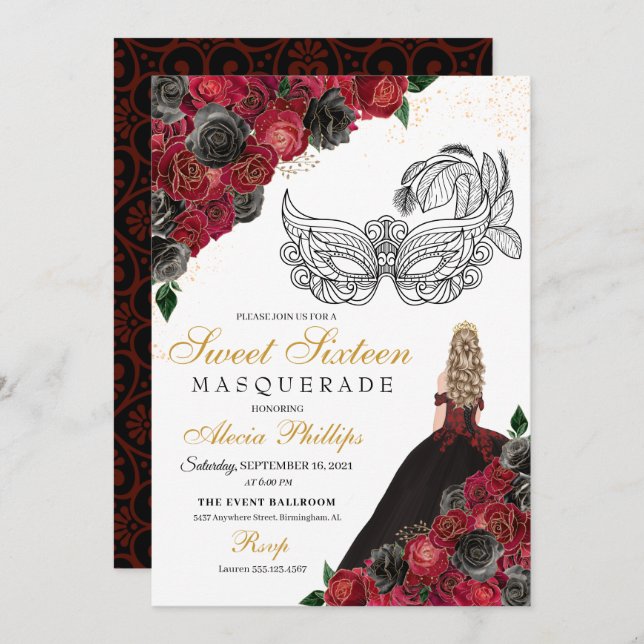 Black Red Princess Tiara Masquerade Sweet 16 Invitation (Front/Back)